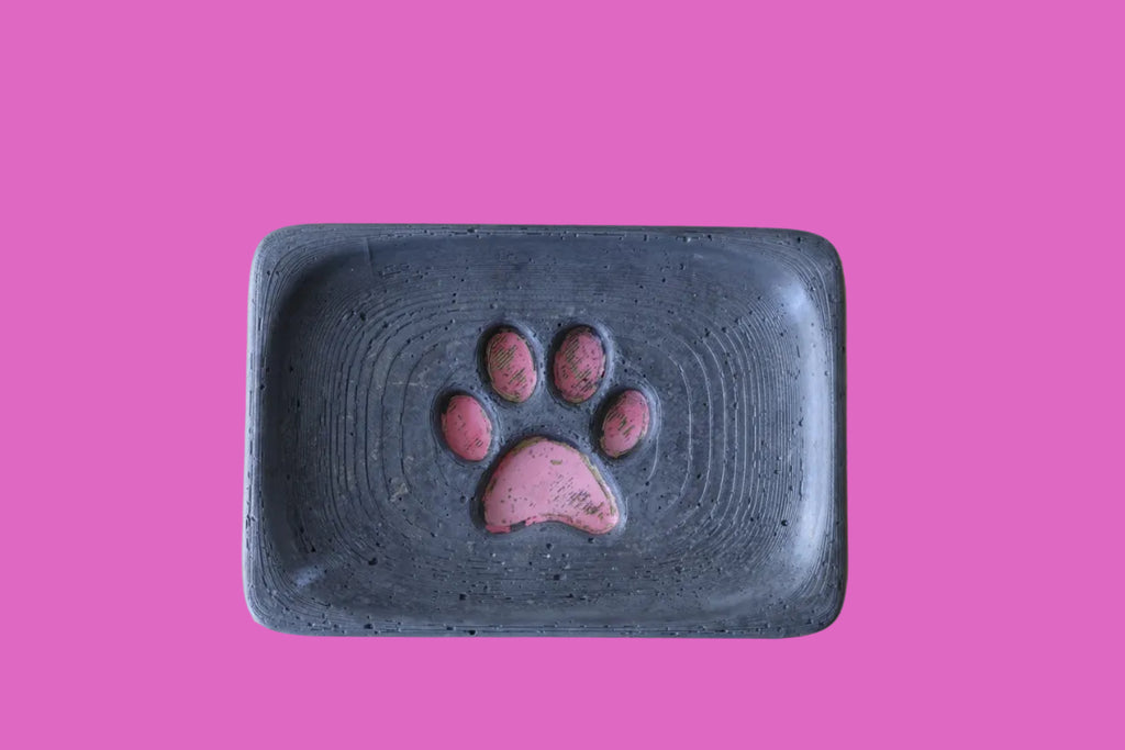Rectangular cement with a pink paw print 