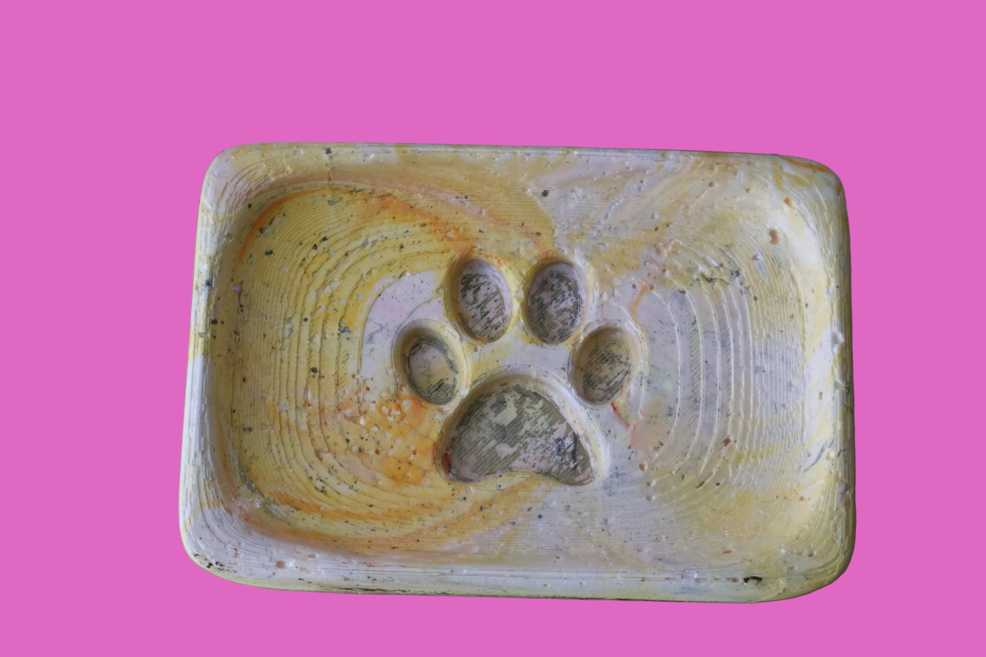 Ceramic dish with a paw print design on a wooden surface